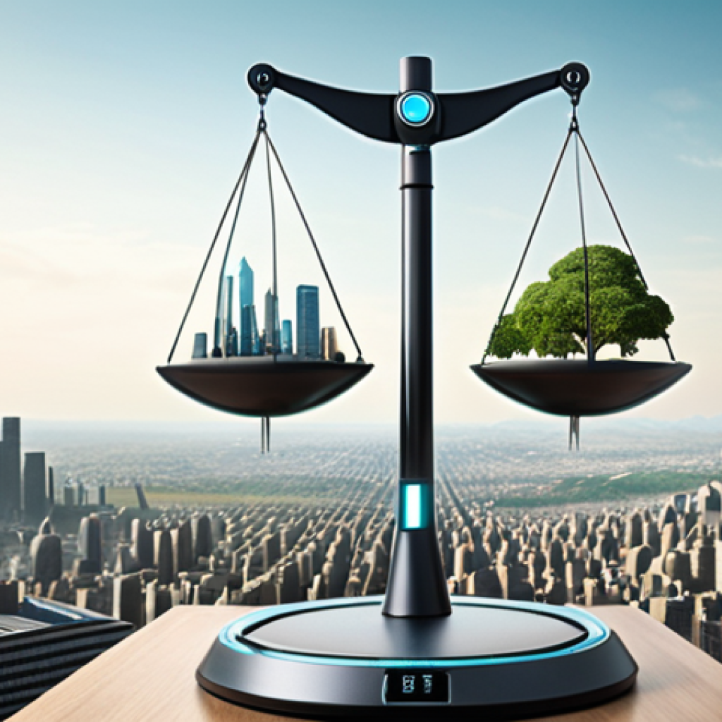 A balanced scale representing innovation and regulation, with AI technology on one side and citizen rights on the other. In the background, a futuristic cityscape blends with natural landscapes.