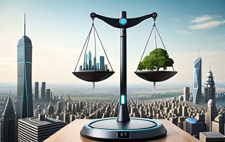 A balanced scale representing innovation and regulation, with AI technology on one side and citizen rights on the other. In the background, a futuristic cityscape blends with natural landscapes.