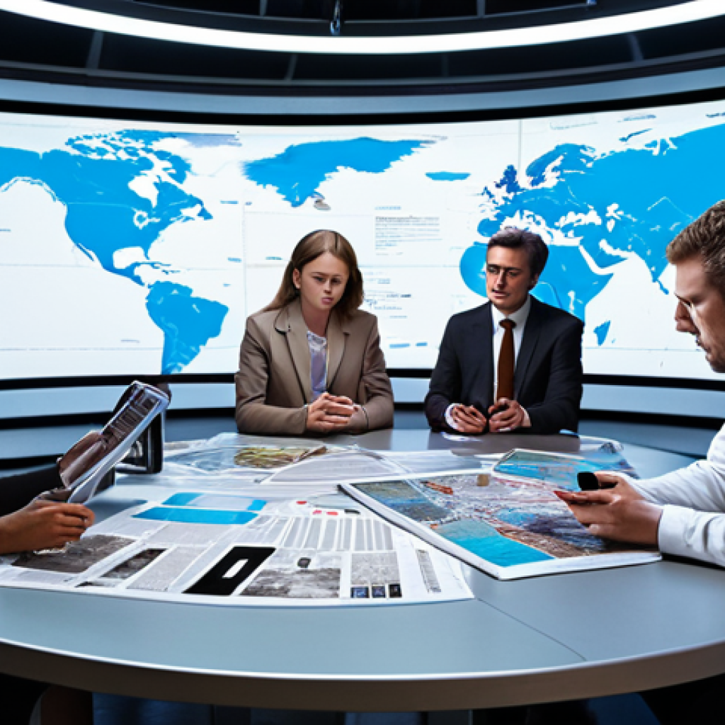 **

A diverse group of people around a large table covered in newspapers, tablets, and analytical reports, all focused on a holographic projection of a world map with glowing data points representing political events and trends. The setting is a modern, brightly lit think tank or research center. The overall mood is one of intense analysis and collaboration. Style: Realistic, but with futuristic elements.

**