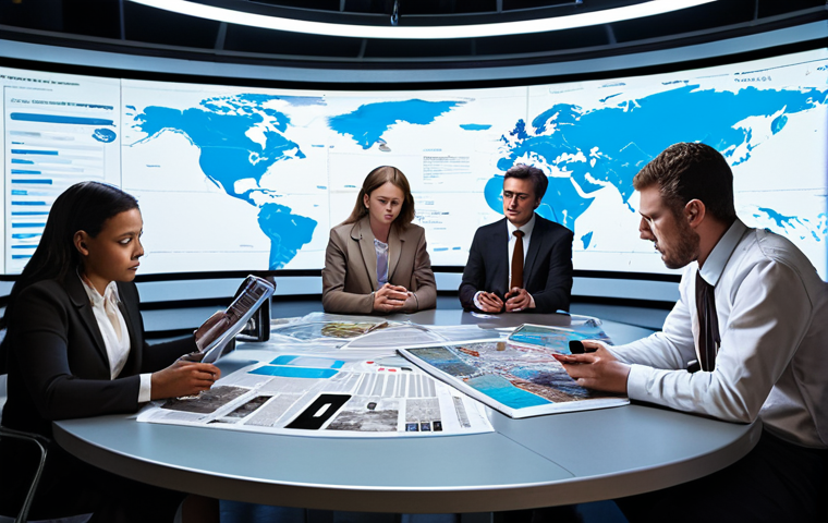 **

A diverse group of people around a large table covered in newspapers, tablets, and analytical reports, all focused on a holographic projection of a world map with glowing data points representing political events and trends. The setting is a modern, brightly lit think tank or research center. The overall mood is one of intense analysis and collaboration. Style: Realistic, but with futuristic elements.

**