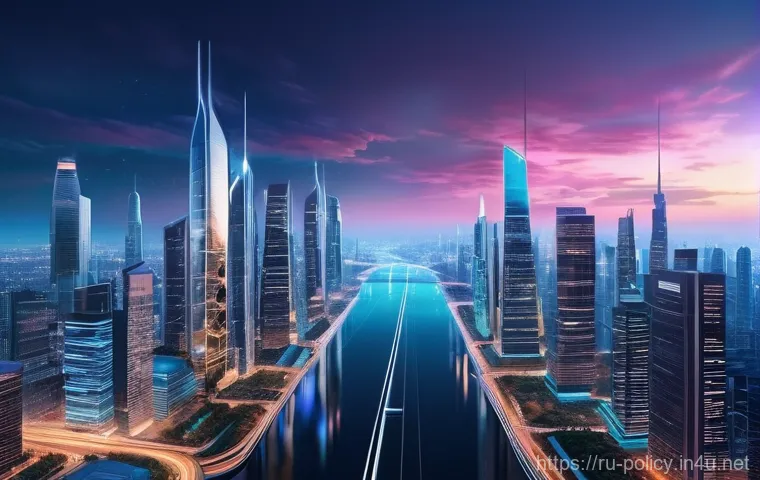 정책분석사와 데이터 분석 기반 정책 사례 - **Prompt:** A futuristic, high-tech cityscape at twilight, where vibrant, flowing streams of data we...