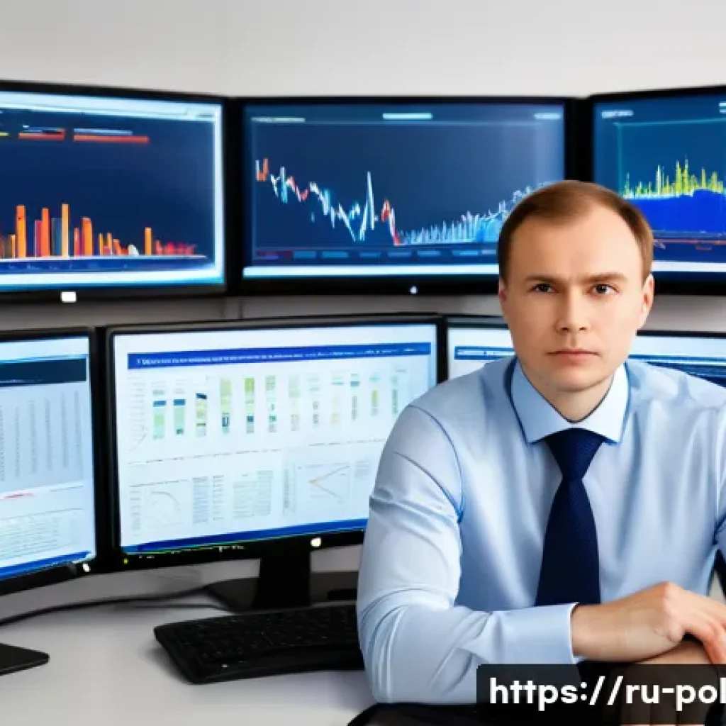 정책분석사의 하루 일과 - A professional Russian policy analyst in a modern government office, surrounded by multiple computer...