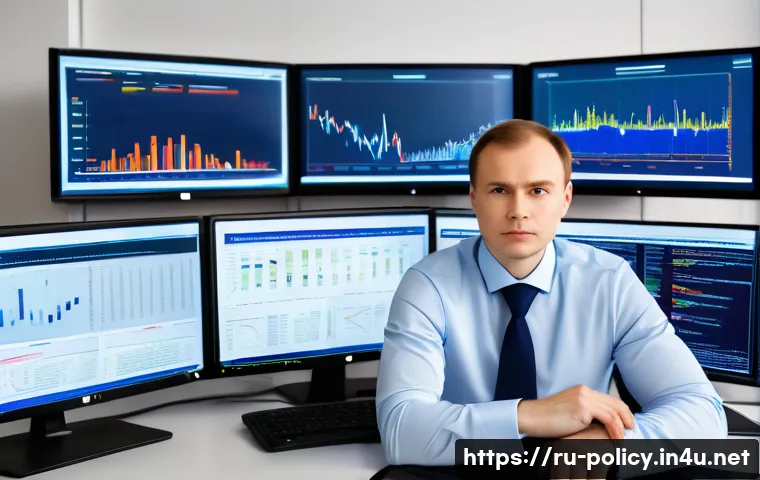 정책분석사의 하루 일과 - A professional Russian policy analyst in a modern government office, surrounded by multiple computer...