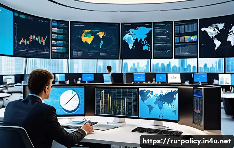 정책분석사와 글로벌 정책 변화 분석 - A detailed illustration of a global political analyst’s workspace: a modern office filled with multi...
