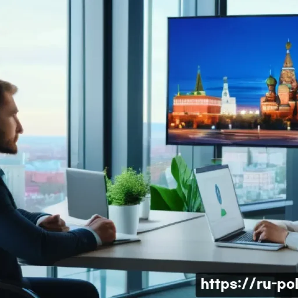정책분석사와 산업 트렌드 연구 - A modern Russian business office environment with diverse professionals in formal attire discussing ...