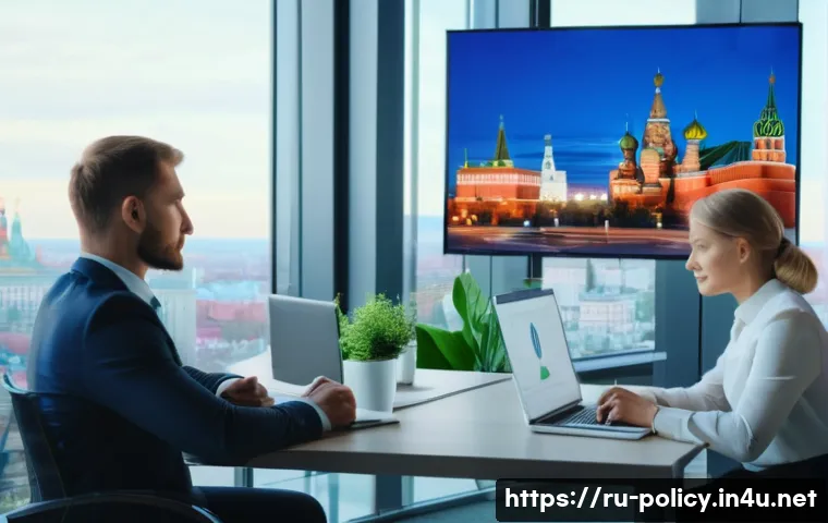 정책분석사와 산업 트렌드 연구 - A modern Russian business office environment with diverse professionals in formal attire discussing ...