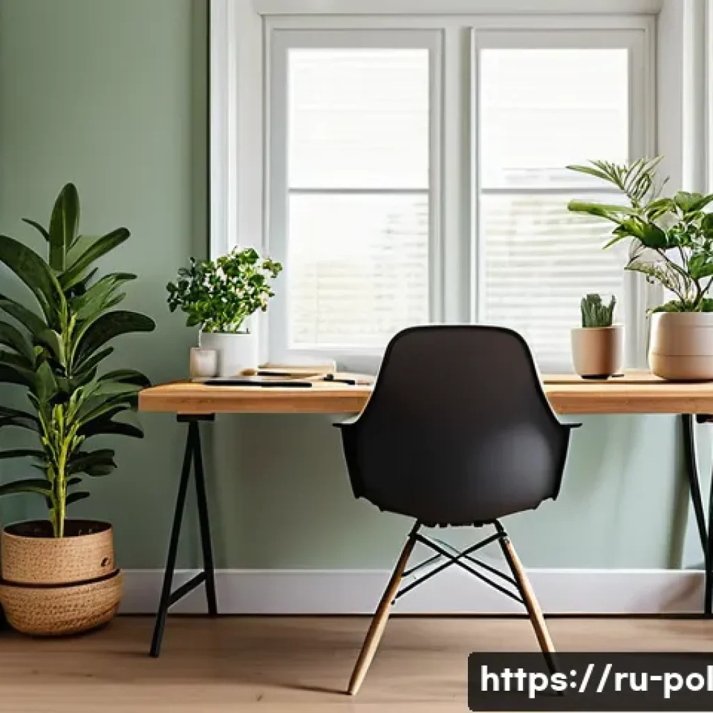 정책분석사와 직업 스트레스 완화법 - A modern, ergonomic home office setup bathed in soft natural light from a large window, featuring a ...