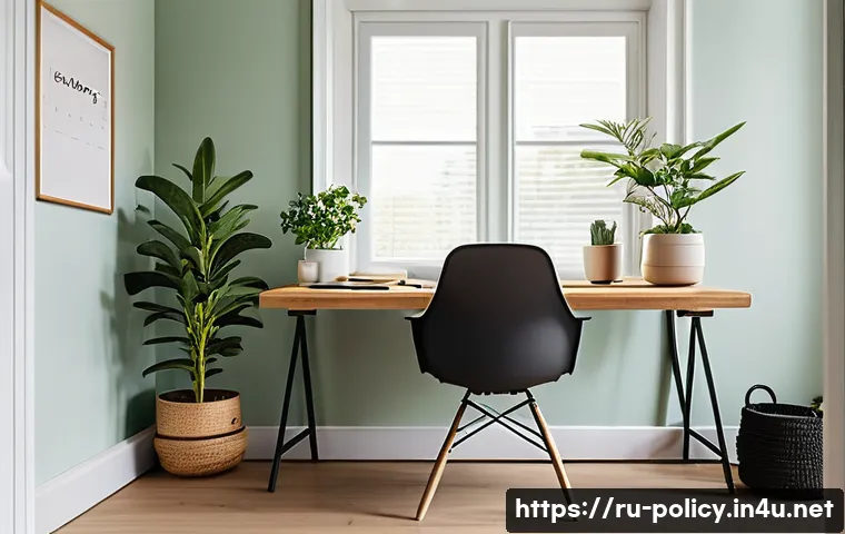 정책분석사와 직업 스트레스 완화법 - A modern, ergonomic home office setup bathed in soft natural light from a large window, featuring a ...