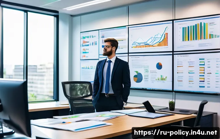 정책분석사로 일하기 위해 필요한 자격 - A professional government policy analyst in a modern office environment, analyzing large datasets di...