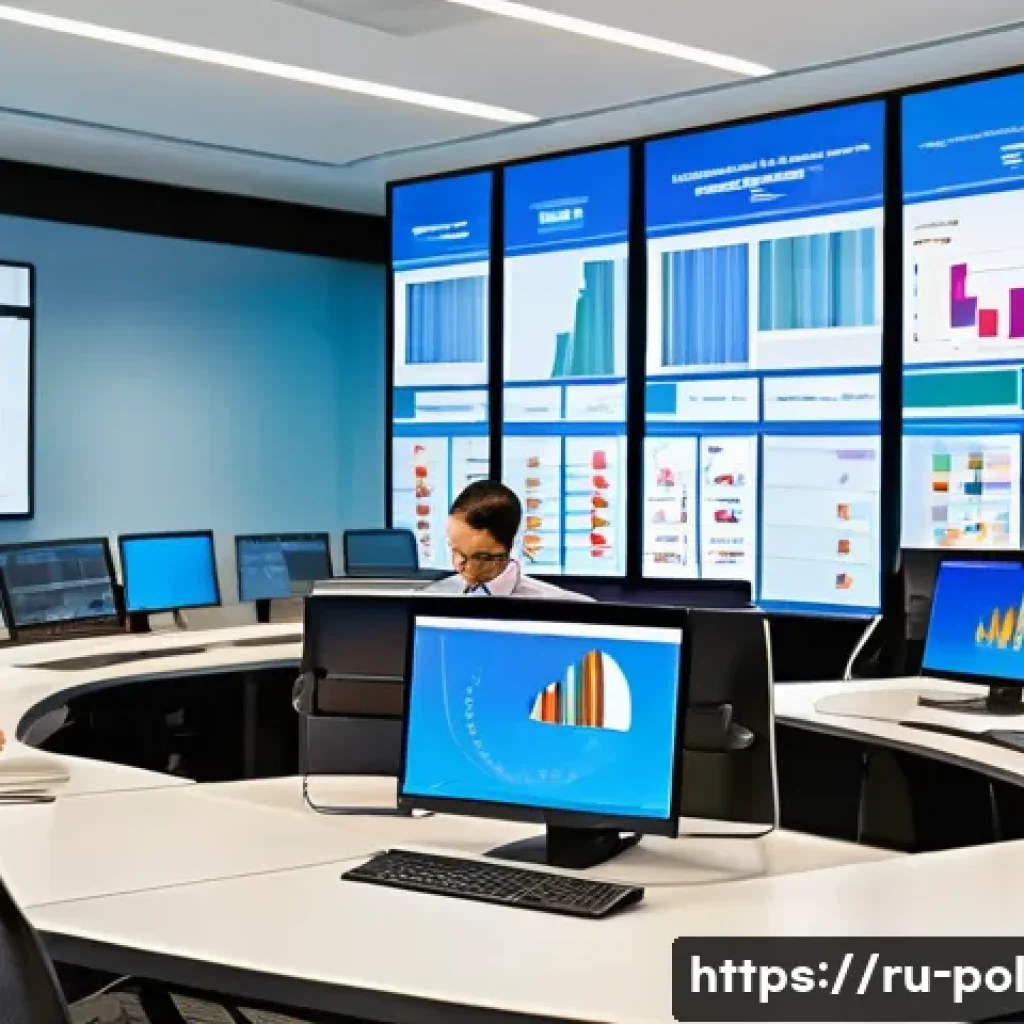 정책분석사와 데이터 중심 의사결정 사례 - A modern city government control room with large interactive dashboards displaying real-time data on...