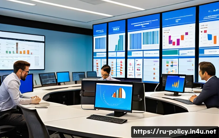 정책분석사와 데이터 중심 의사결정 사례 - A modern city government control room with large interactive dashboards displaying real-time data on...