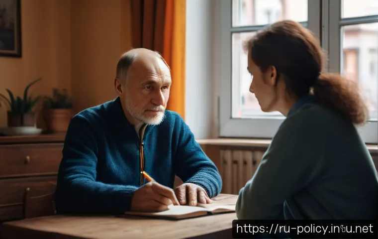 정책분석사와 국민 인식 조사 활용법 - A professional Russian sociologist conducting a traditional face-to-face interview in a cozy urban a...