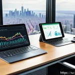 Home 20 정책분석사와 최신 정책 트렌드 - A modern political analyst workspace featuring a sleek laptop displaying interactive data dashboards...