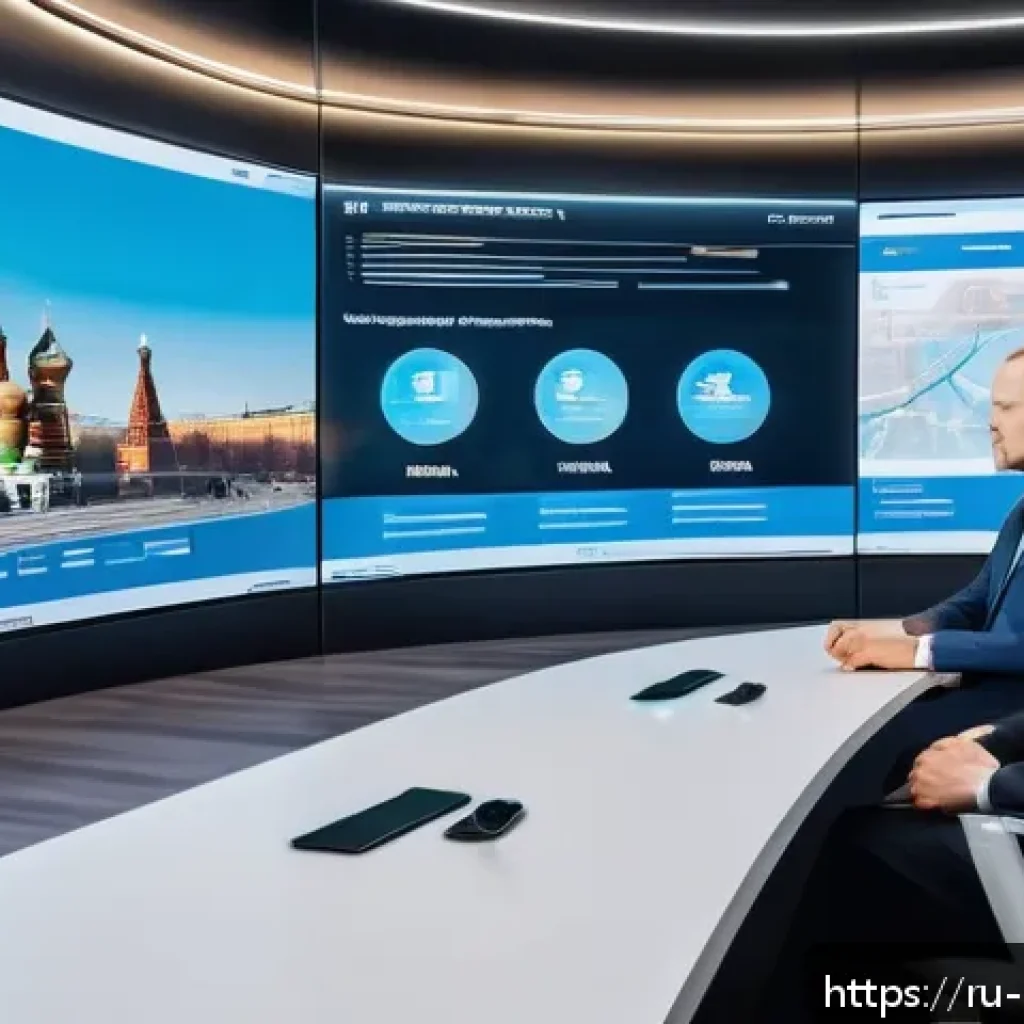 정책분석사와 공공정책과 관련된 트렌드 분석 - A modern government office with diverse Russian officials and citizens interacting through advanced ...