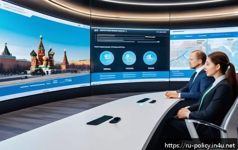 정책분석사와 공공정책과 관련된 트렌드 분석 - A modern government office with diverse Russian officials and citizens interacting through advanced ...