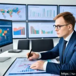 Home 18 정책분석사와 입법 과정의 이해 - A professional Russian legislative analyst sitting at a modern office desk filled with multiple scre...
