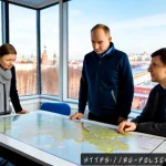 정책분석사와 공공 정책 성공 요인 분석 - Photorealistic policy analyst in a modern Moscow municipal planning office, studying color-coded dem...
