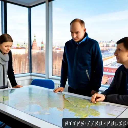 정책분석사와 공공 정책 성공 요인 분석 - Photorealistic policy analyst in a modern Moscow municipal planning office, studying color-coded dem...