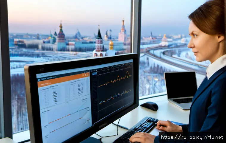 Home 17 정책분석사와 공공 데이터 분석의 활용 사례 - Photorealistic public policy analyst in a modern Moscow municipal planning office, reviewing anonymo...
