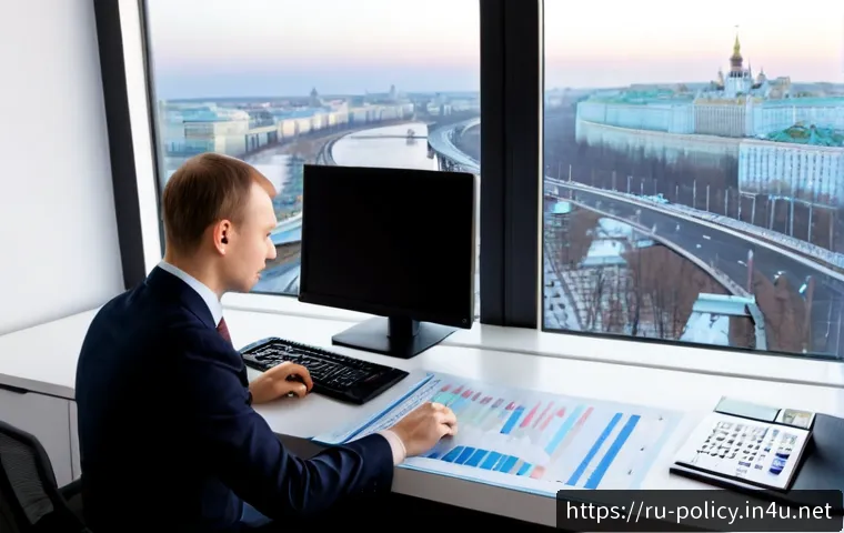 Home 17 정책분석사와 직무별 트렌드 연구 - Photorealistic policy analyst in a modern Moscow research office, a Russian professional in smart bu...