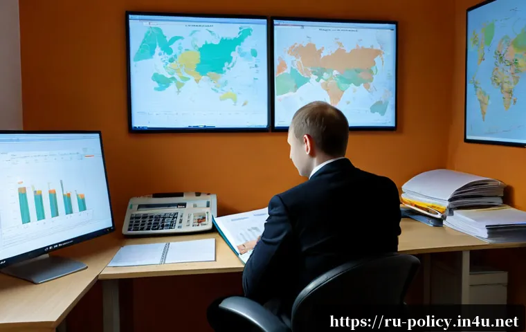 정책분석사와 데이터 중심 정책 연구와 성공 요인 - Photorealistic policy analyst in a modern Moscow research office, studying anonymous regional econom...